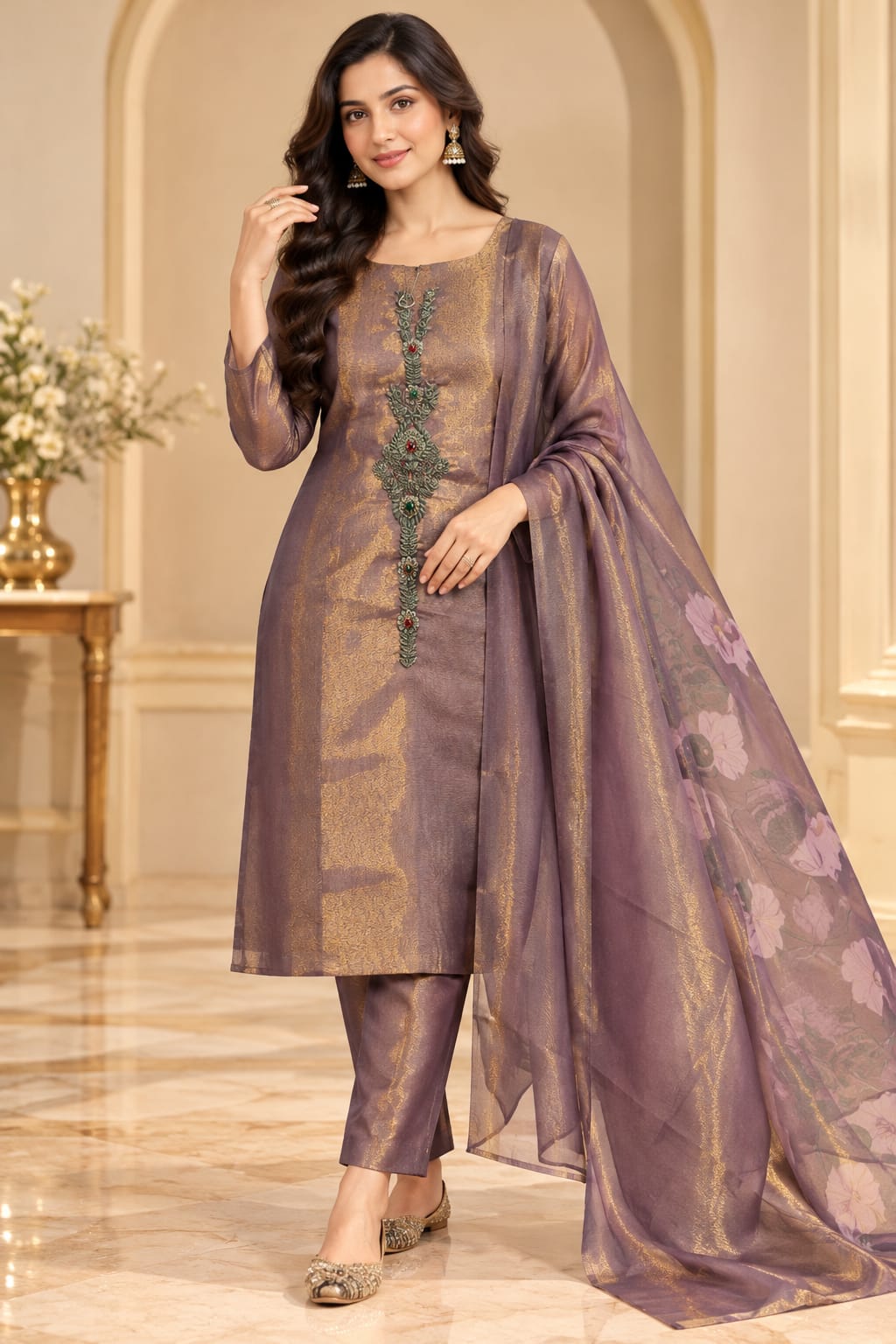 Dusty Mauve Pink Embroidered Unstitched Kurti Set with Organza Dupatta