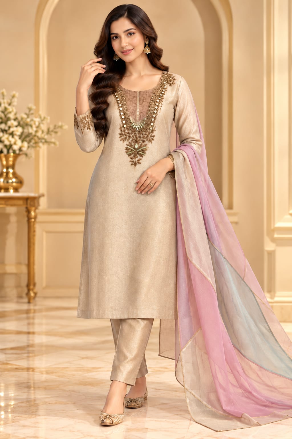 Light Silver Grey Embroidered Unstitched Suit Material with Organza Dupatta