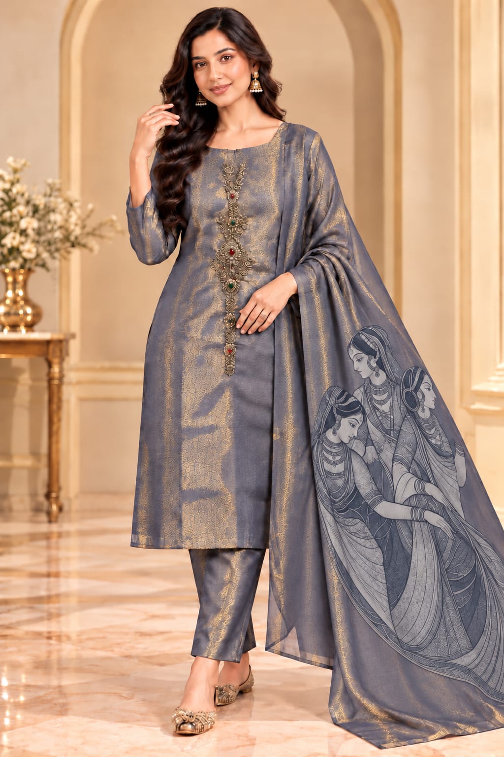 Dark Silver Grey Embroidered Unstitched Kurti Set with Sheer Organza Dupatta