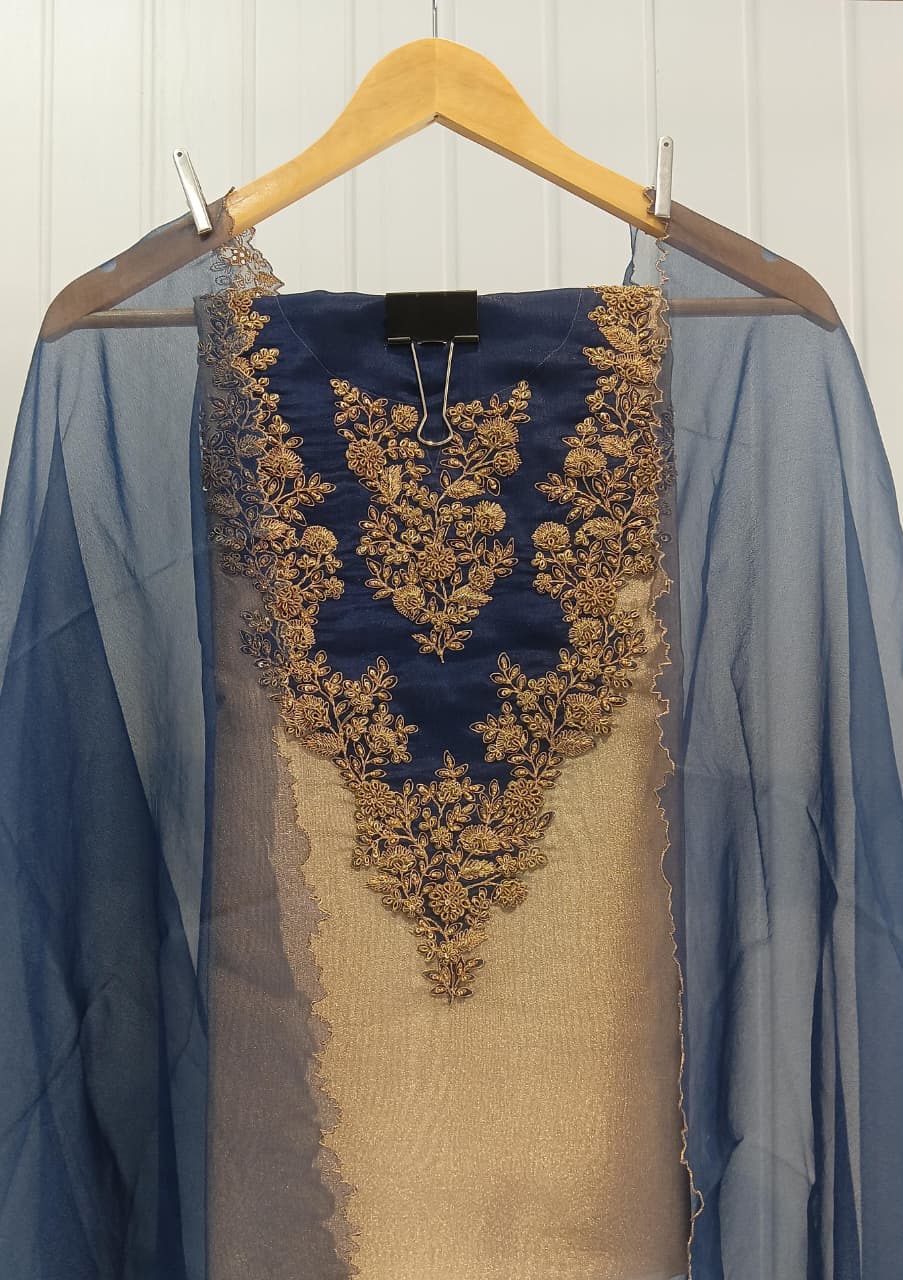 Royal Blue & Gold Embroidered Unstitched Kurti Set with Sheer Organza Dupatta