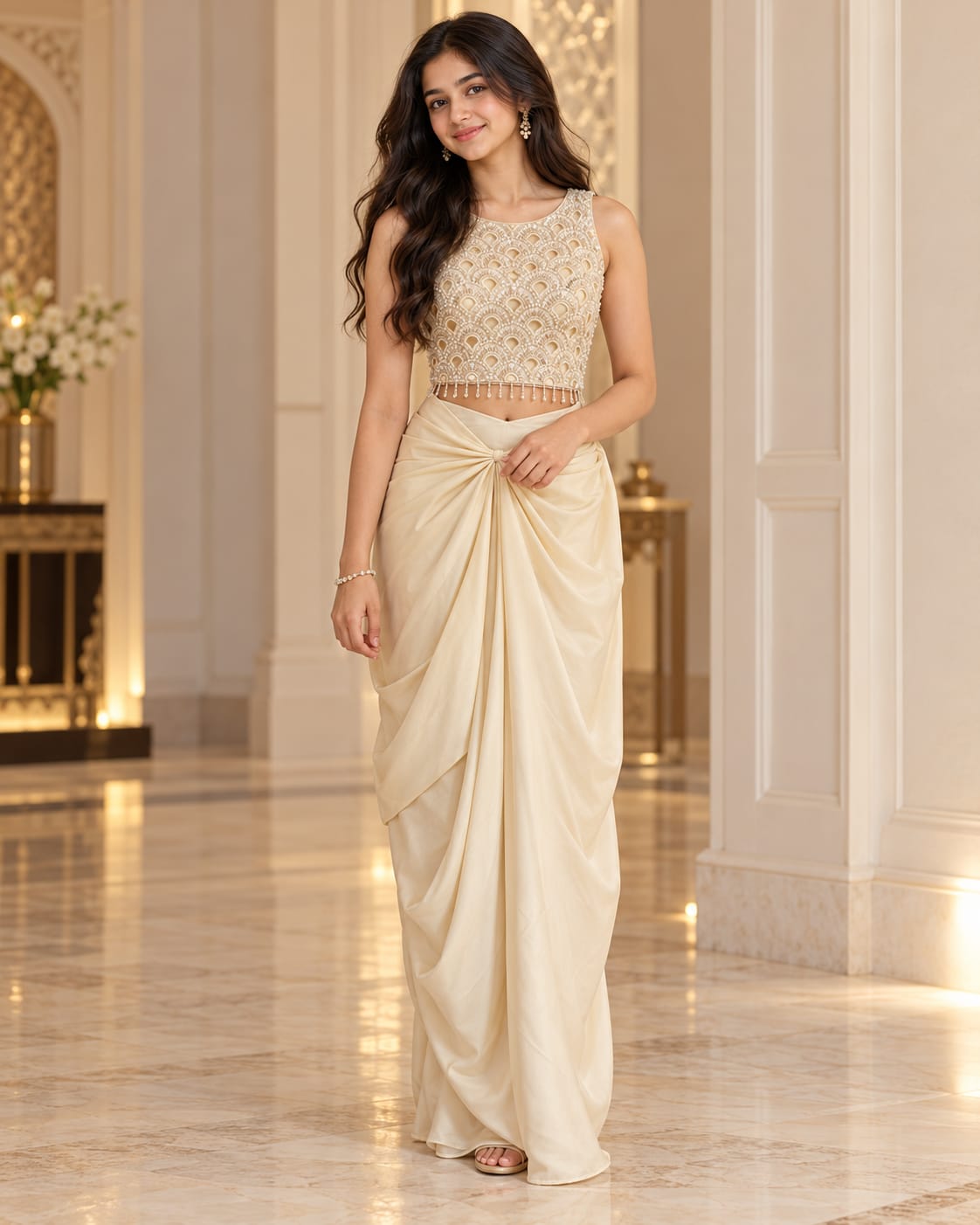Golden Beige Embellished Crop Top with Draped Skirt Indo-Western Set