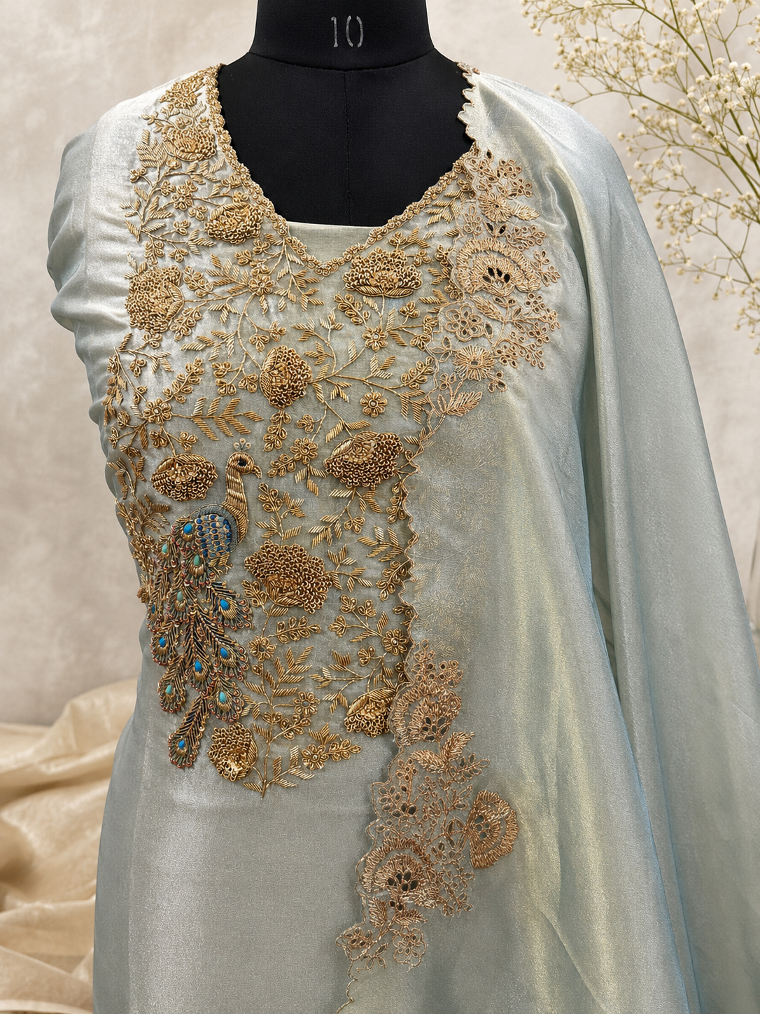 Celeste Peacock Zardozi Silk Unstiched Kurta Set