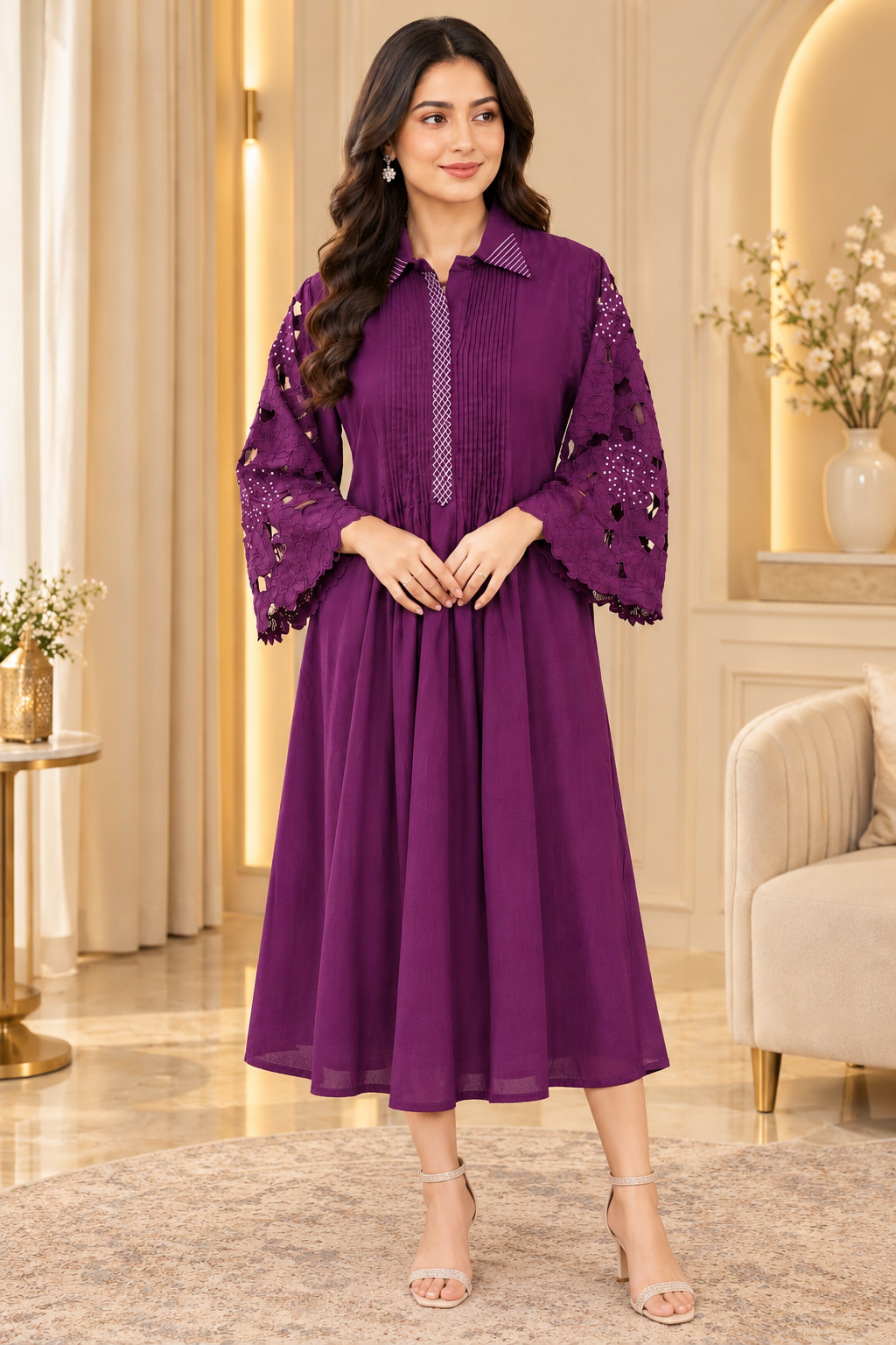 Purple Embroidered Bell Sleeve Flared Midi Dress