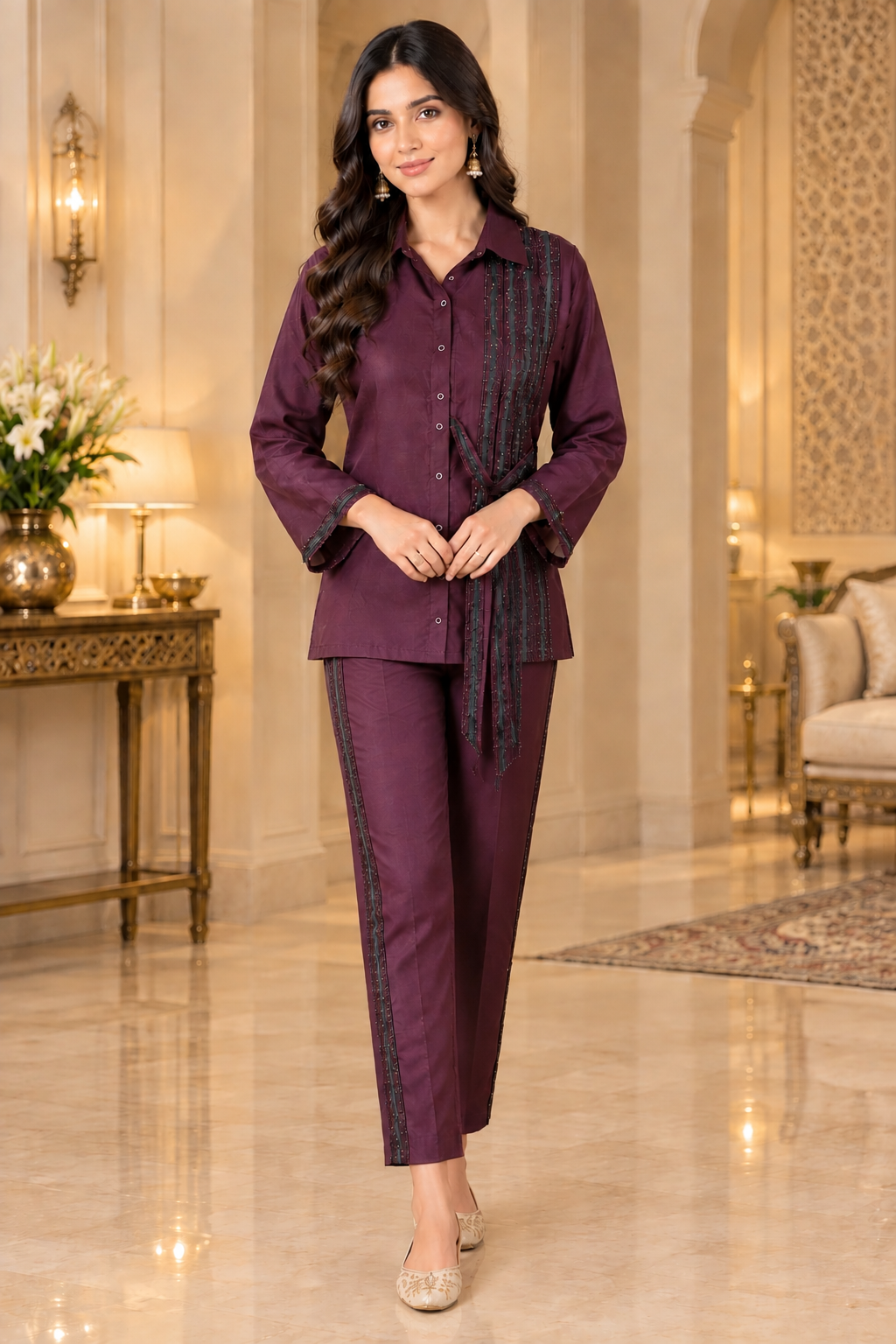 Deep Wine Embroidered Cotton Co-Ord Set