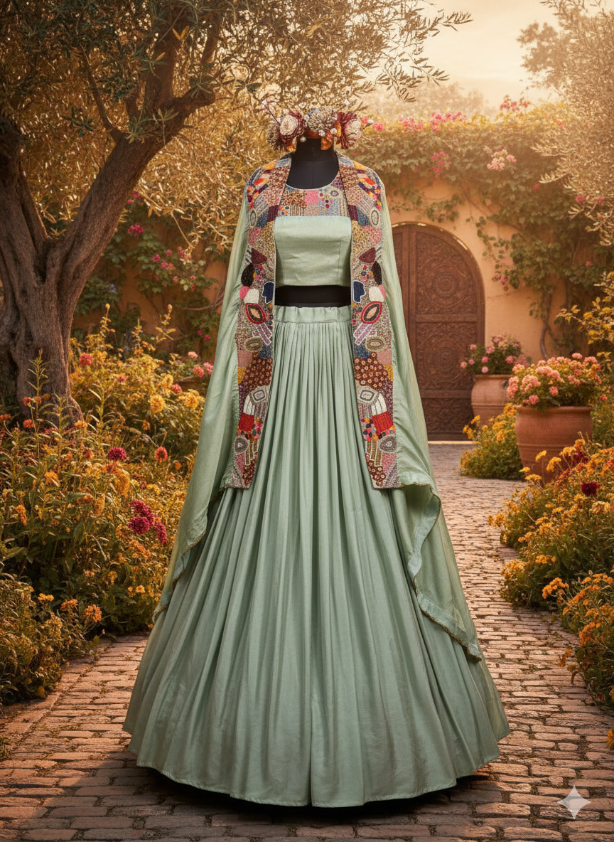 Cardamom Green lehenga with embroidery dupatta