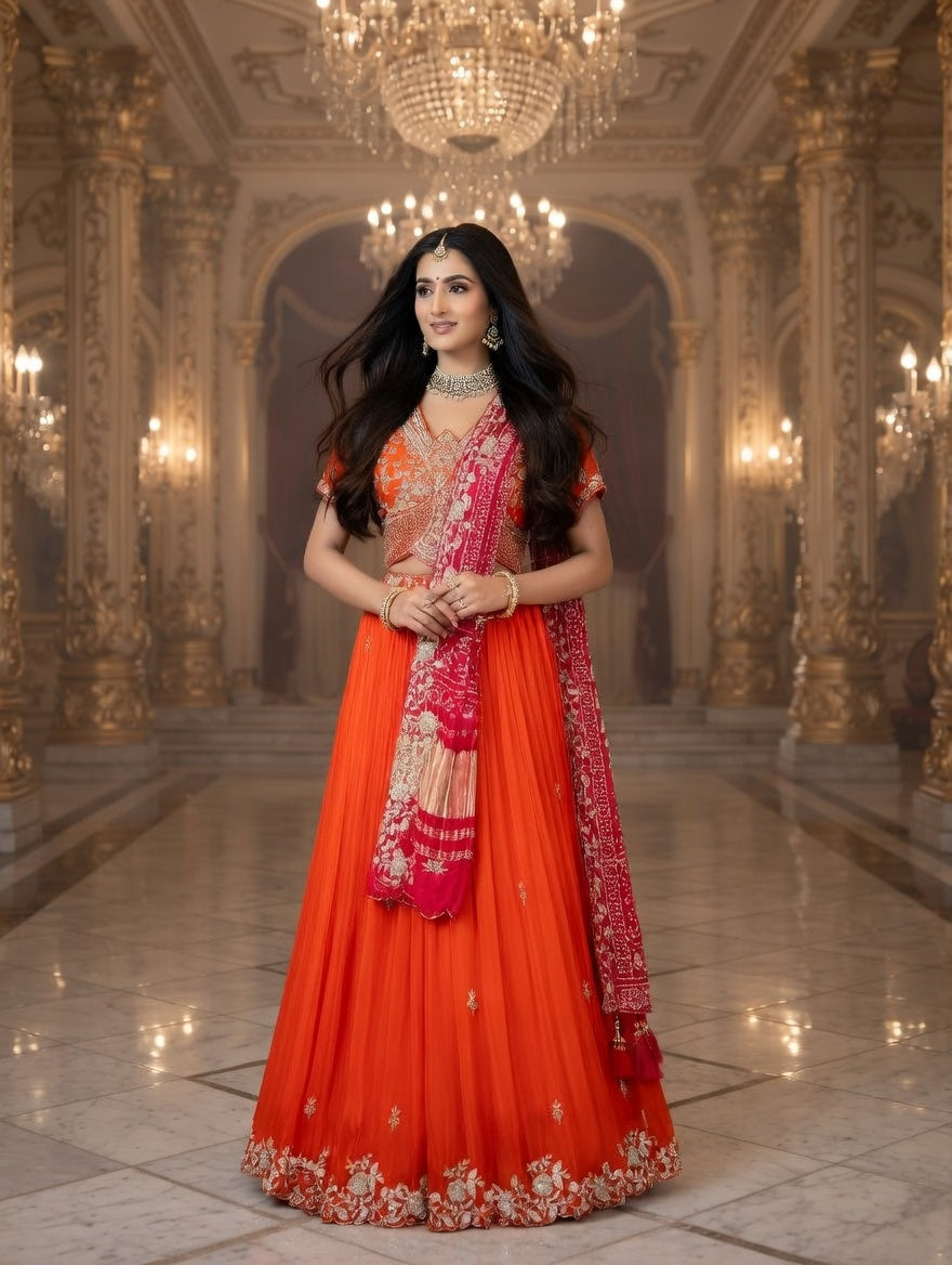 Orange lehenga with pink ghatchola embroidery dupatta