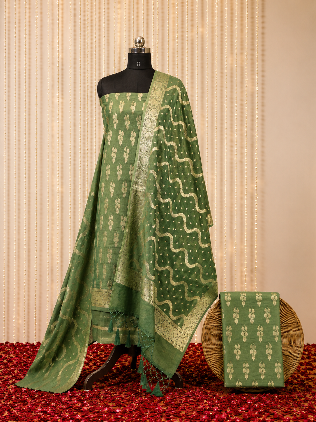 Premium Banarasi Unstiched Kurti Set – Sage Green