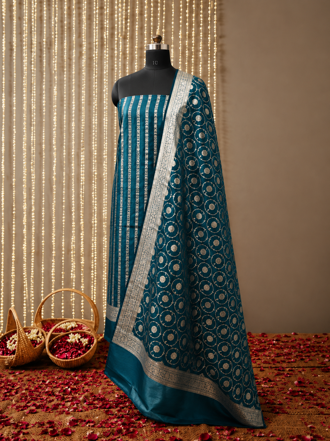 Premium Banarasi Unstiched Kurti Set – Peacock Blue