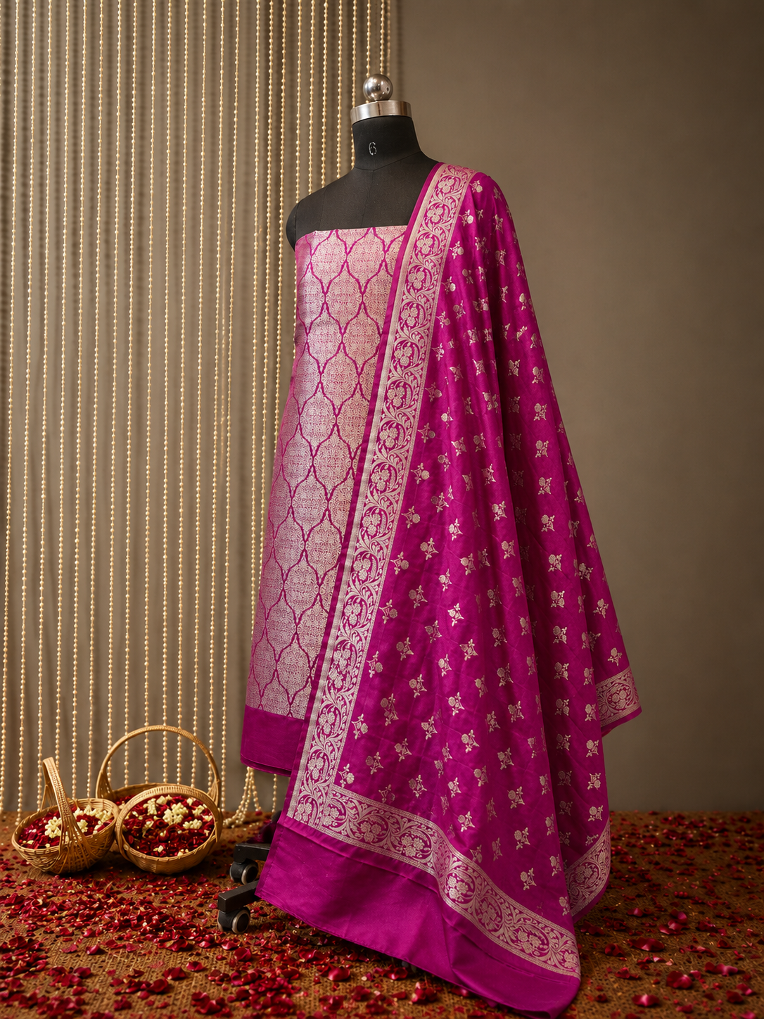Premium Banarasi Unstiched Kurti Set – Rani Pink