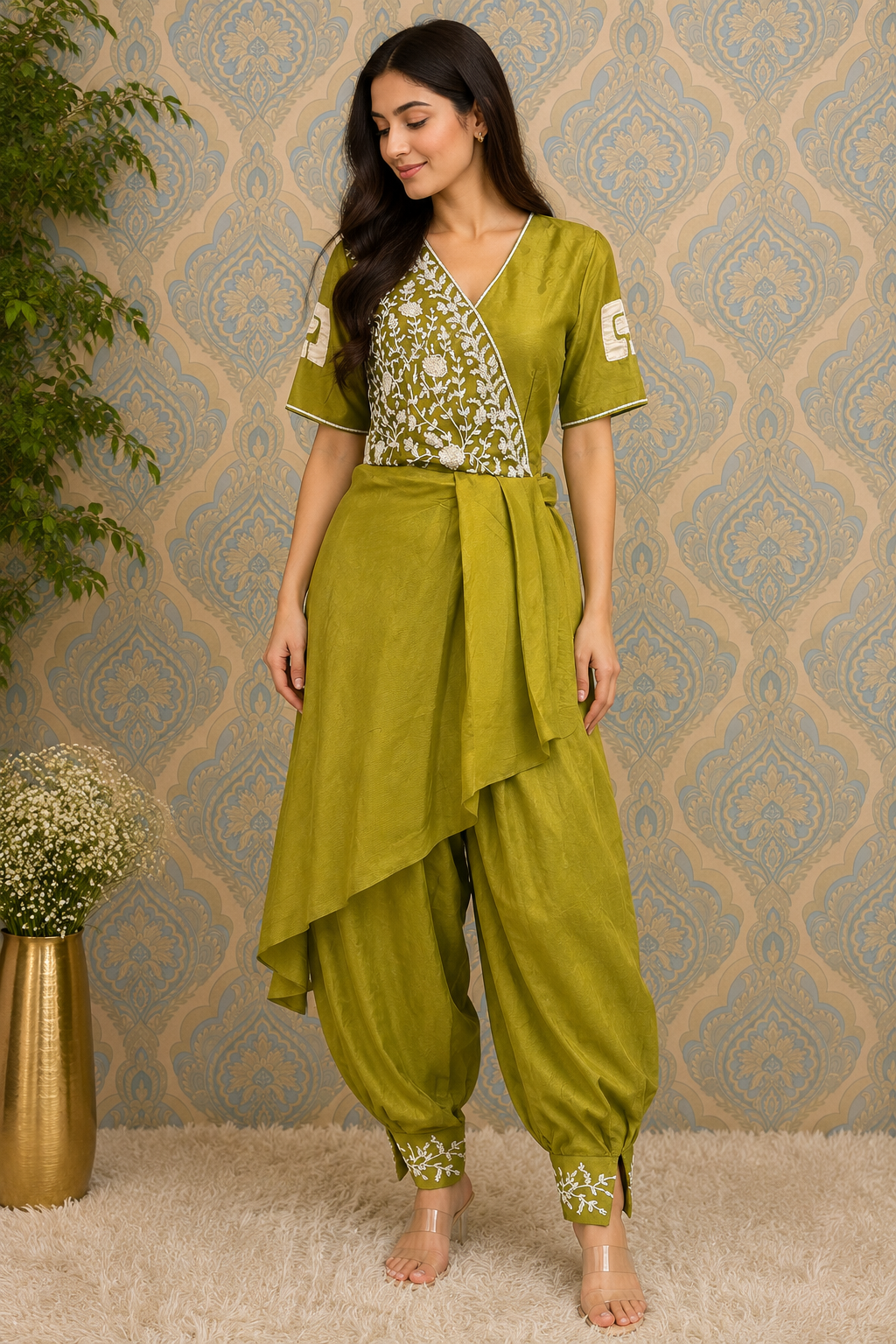 Olive Bloom Embroidered Draped Co-Ord Set