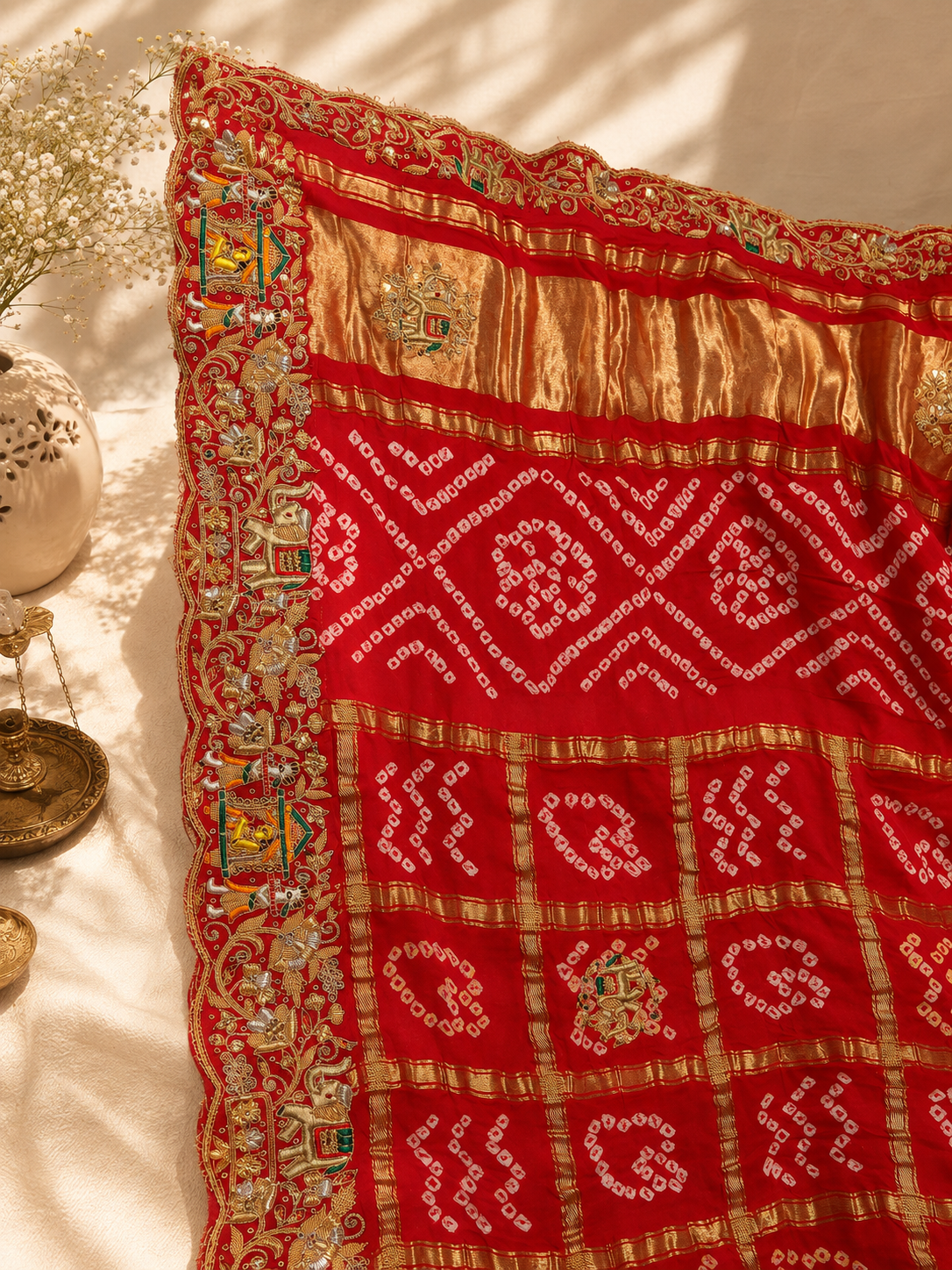 Royal Red Bandhani Heritage Saree with Hand Embroidered Elephant Border