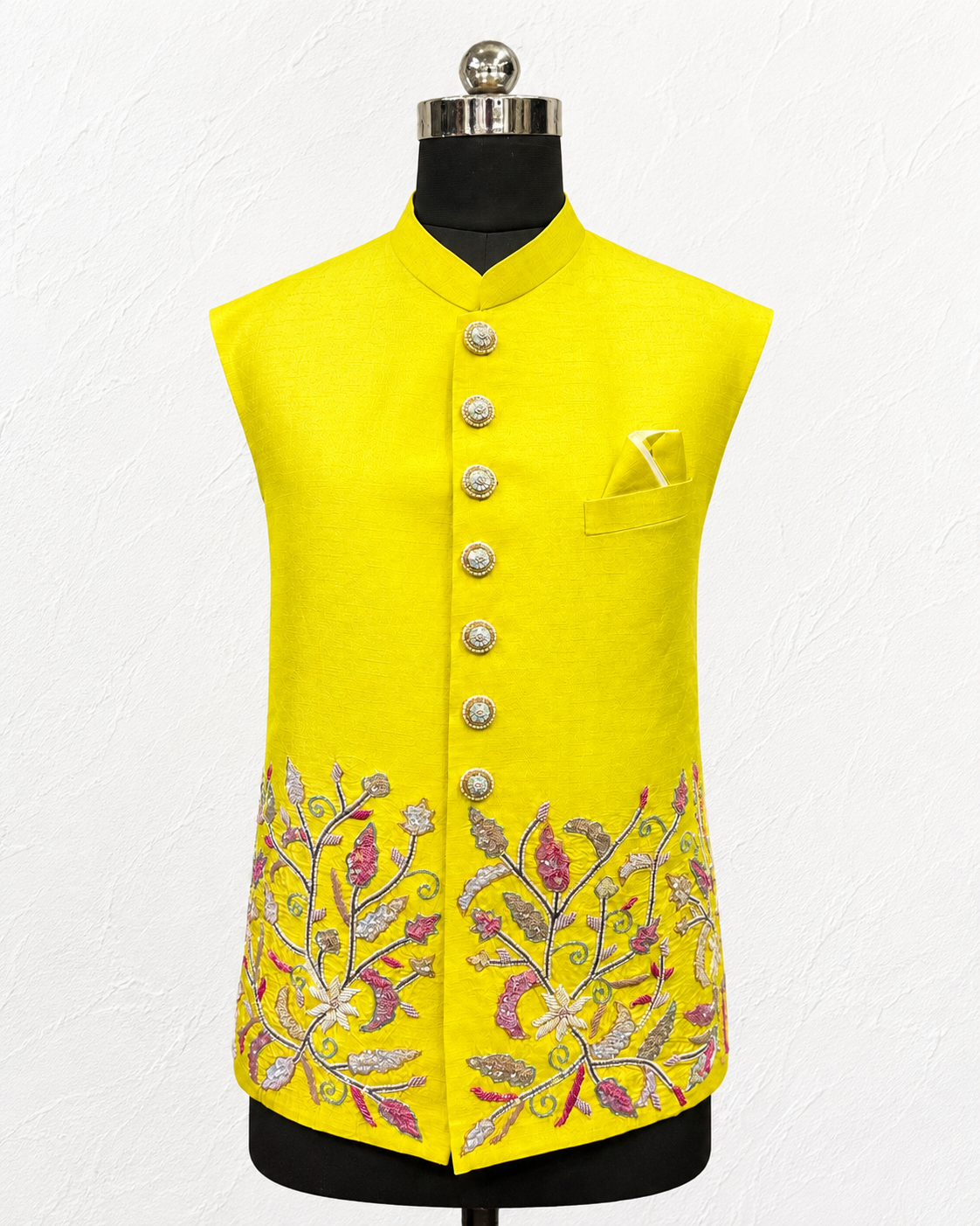 Lime Zest Embroidered Silk Kurta Set with Floral Nehru Jacket