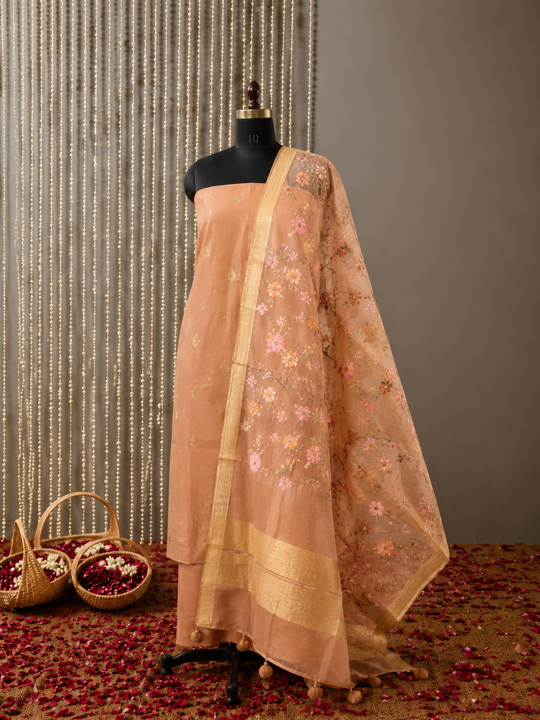 Banarsi silk Unstitched Suit Set with Floral Embroidered Dupatta