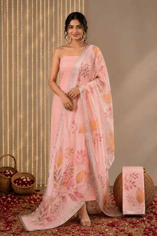 Linen cotton pink Unstitched Suit Set