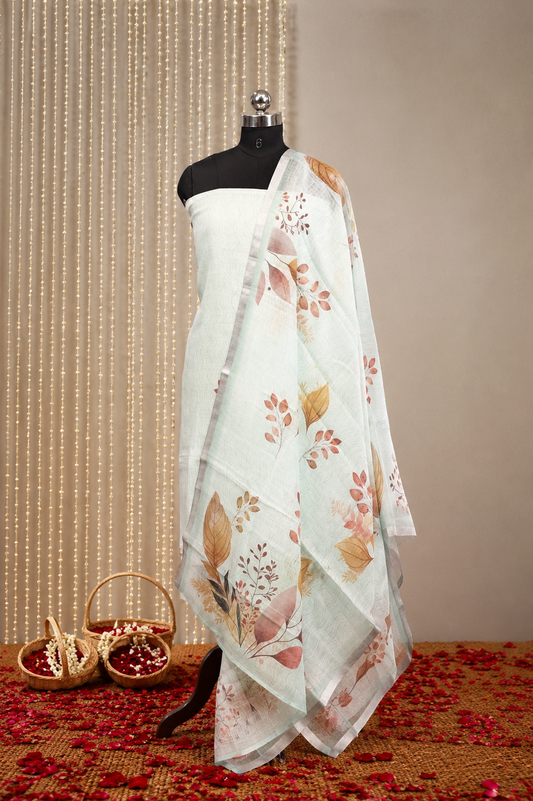 Mint Whisper Floral Linen Kurti Set