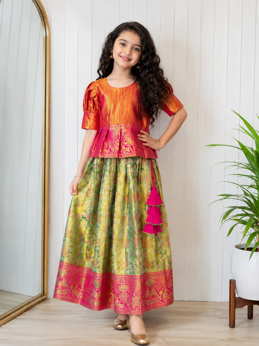 Peacock Bloom Banarasi Kids Pattu Gown