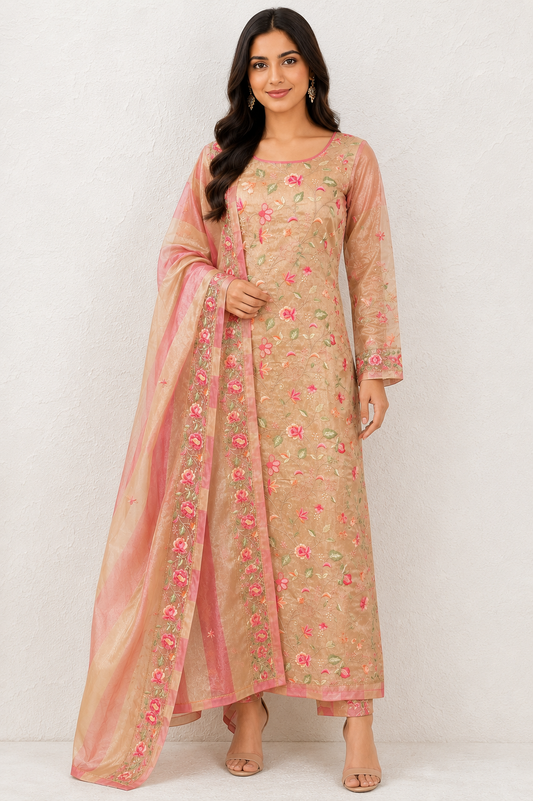 Rosé Bloom Embroidered Silk Unstiched Kurti Set