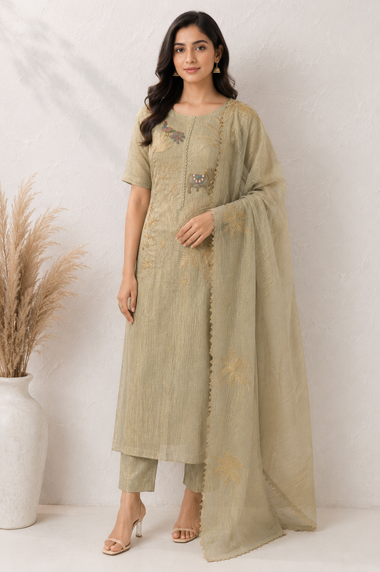 Peacock Meadow Embroidered Sage Green Unstiched Kurti Set