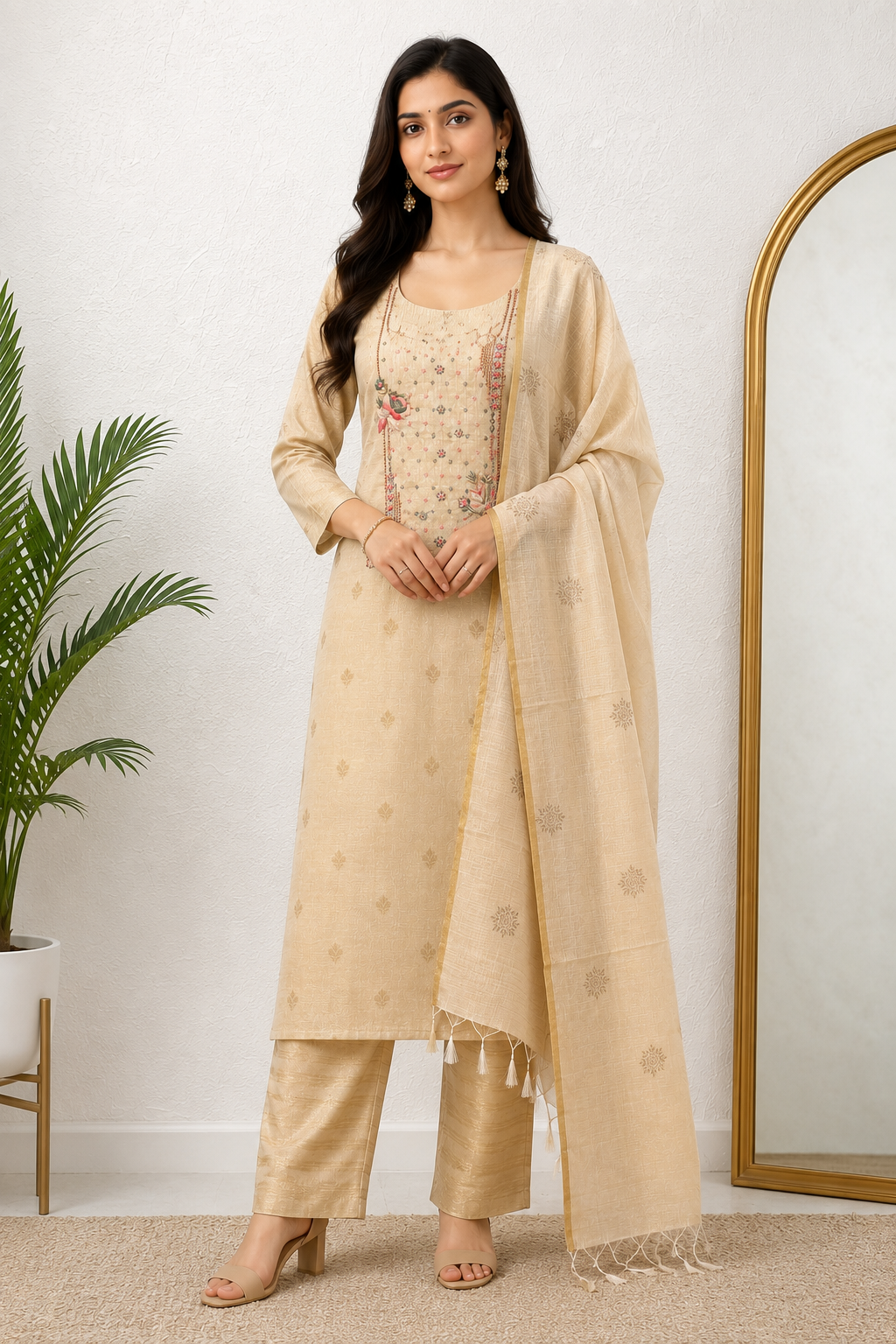Ivory Bloom Embroidered Silk  Unstiched Kurta Set