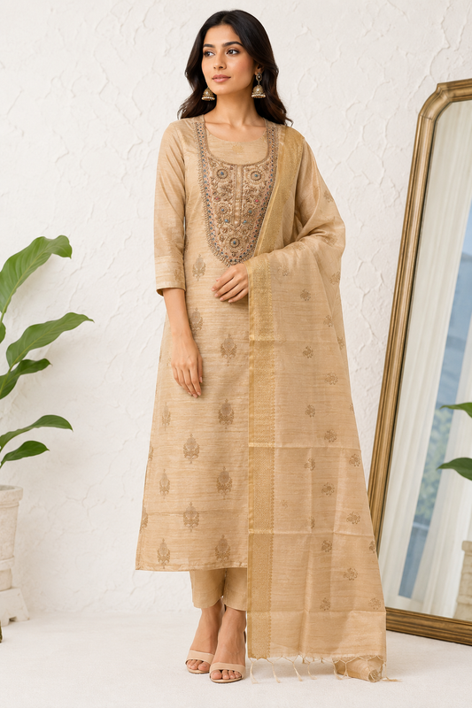 Royal Champagne Handcrafted Silk Unstiched Kurta Set with Woven Dupatta