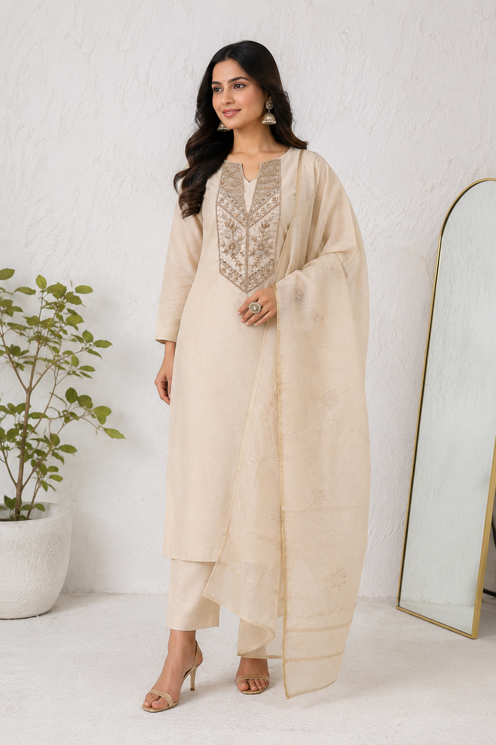 Ivory Noor Hand-Embroidered Premium Unstiched Kurti Set