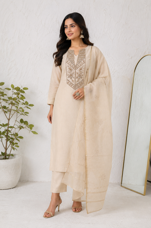 Ivory Noor Hand-Embroidered Premium Unstiched Kurti Set