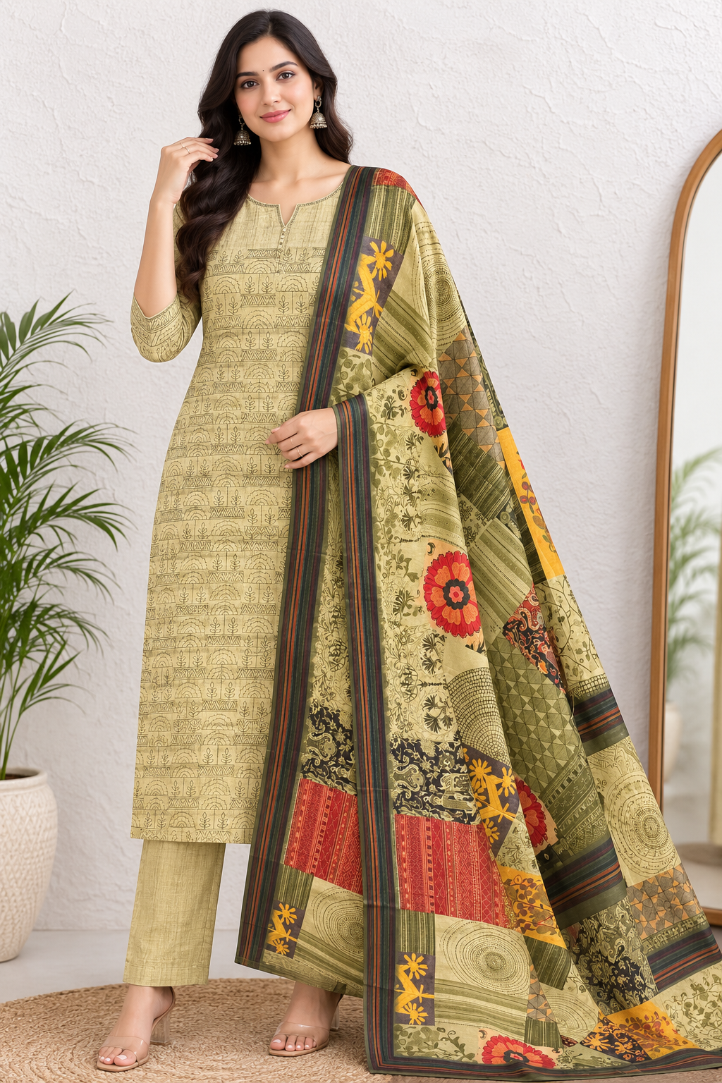 Olive Meadow Printed Unstiched Kurti Set with Artistic Patchwork Dupatta