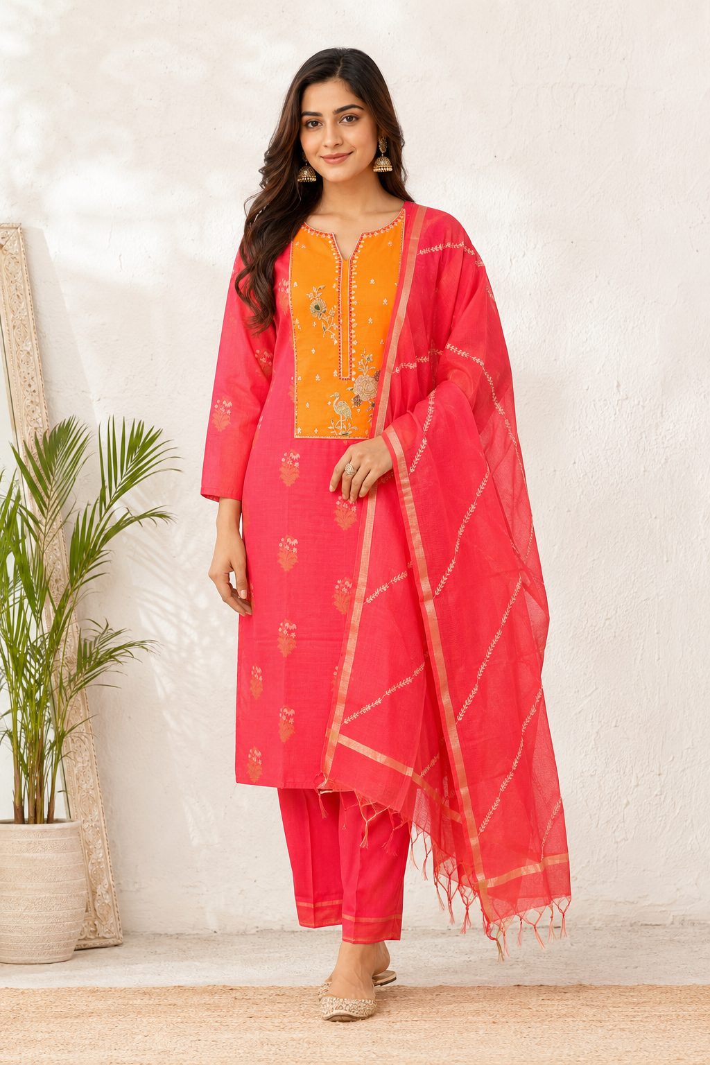 Gulnaar Bird Embroidered Cotton Unstiched Kurta Set with Kota Doria Dupatta
