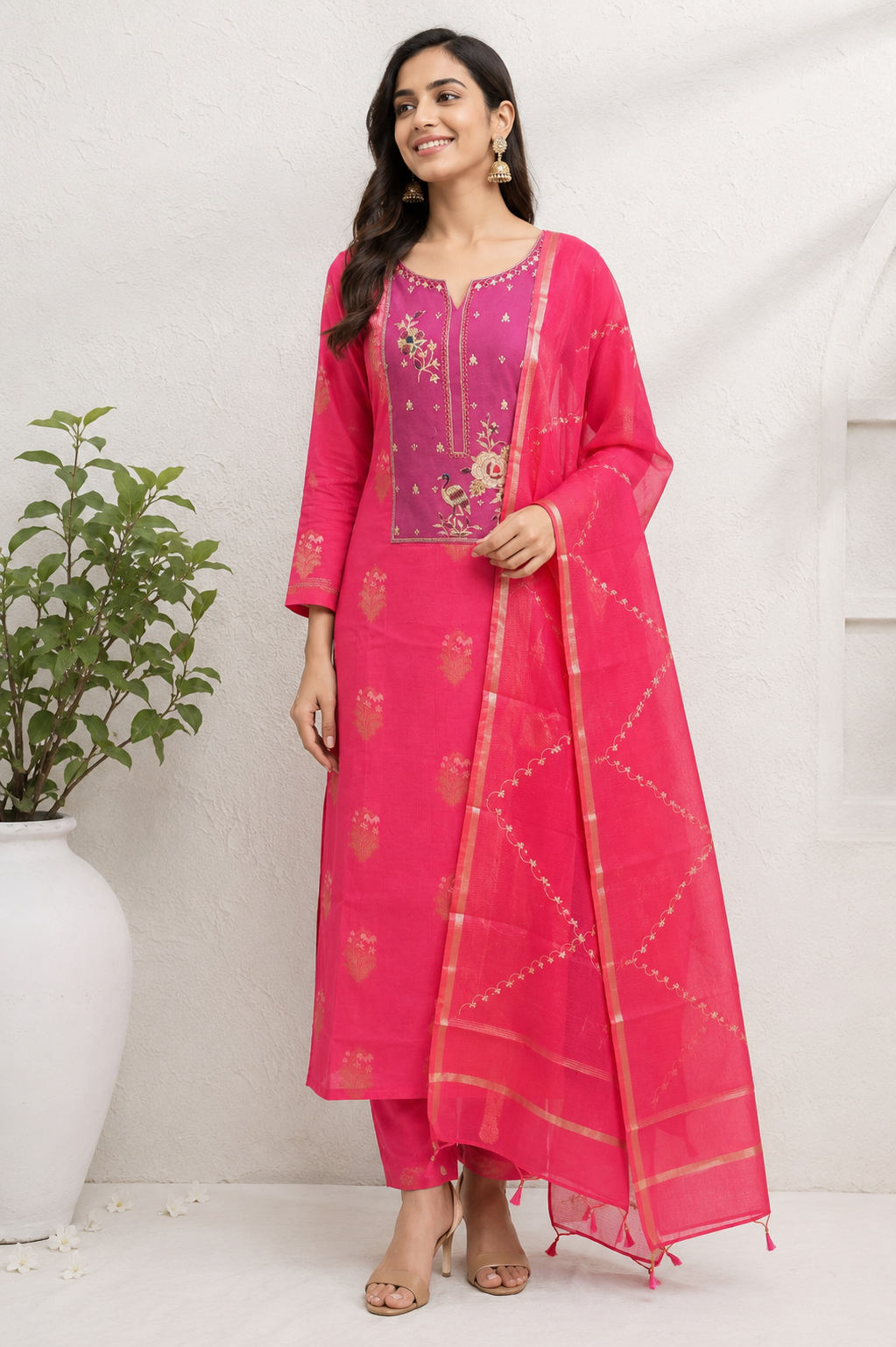 Gulnaar Pink Embroidered Unstiched Kurta Set