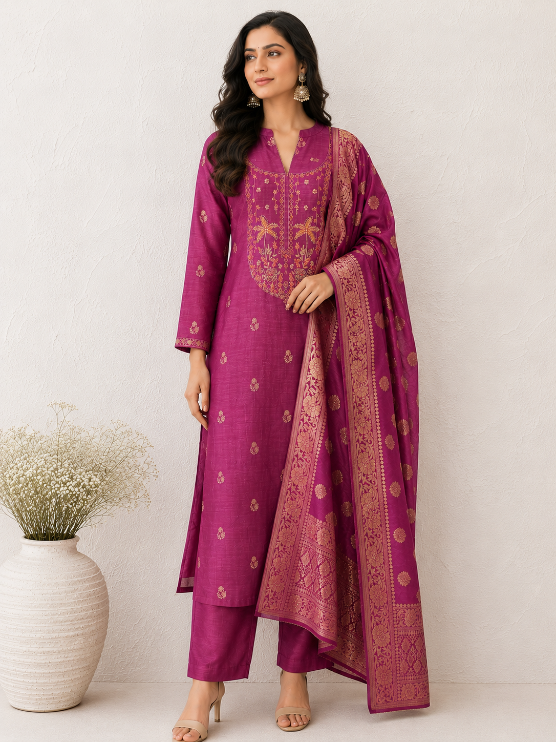 Royal Magenta Embroidered Banarasi Silk Unstiched Suit Set
