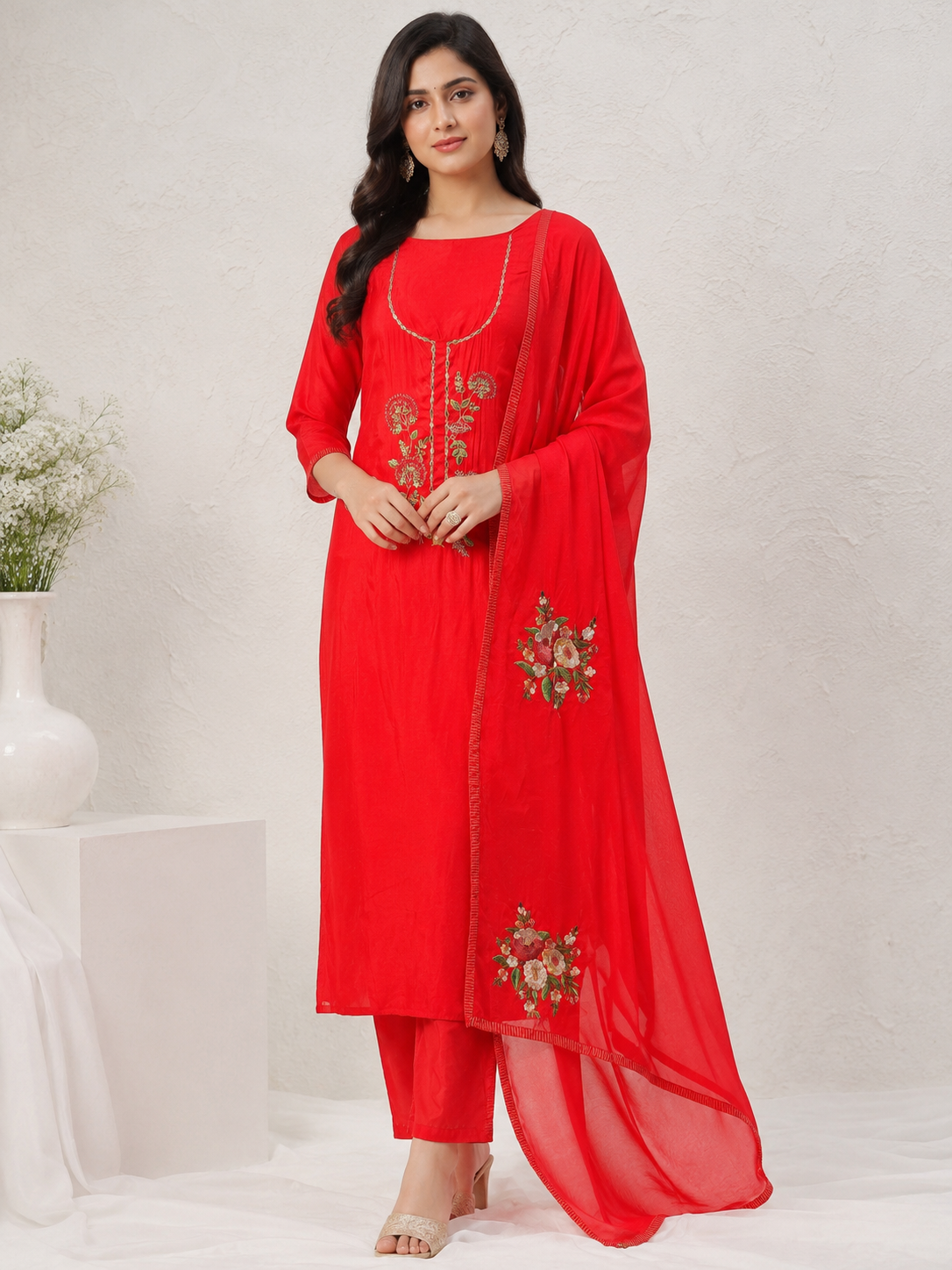 Crimson Bloom Embroidered Unstiched Kurta Set