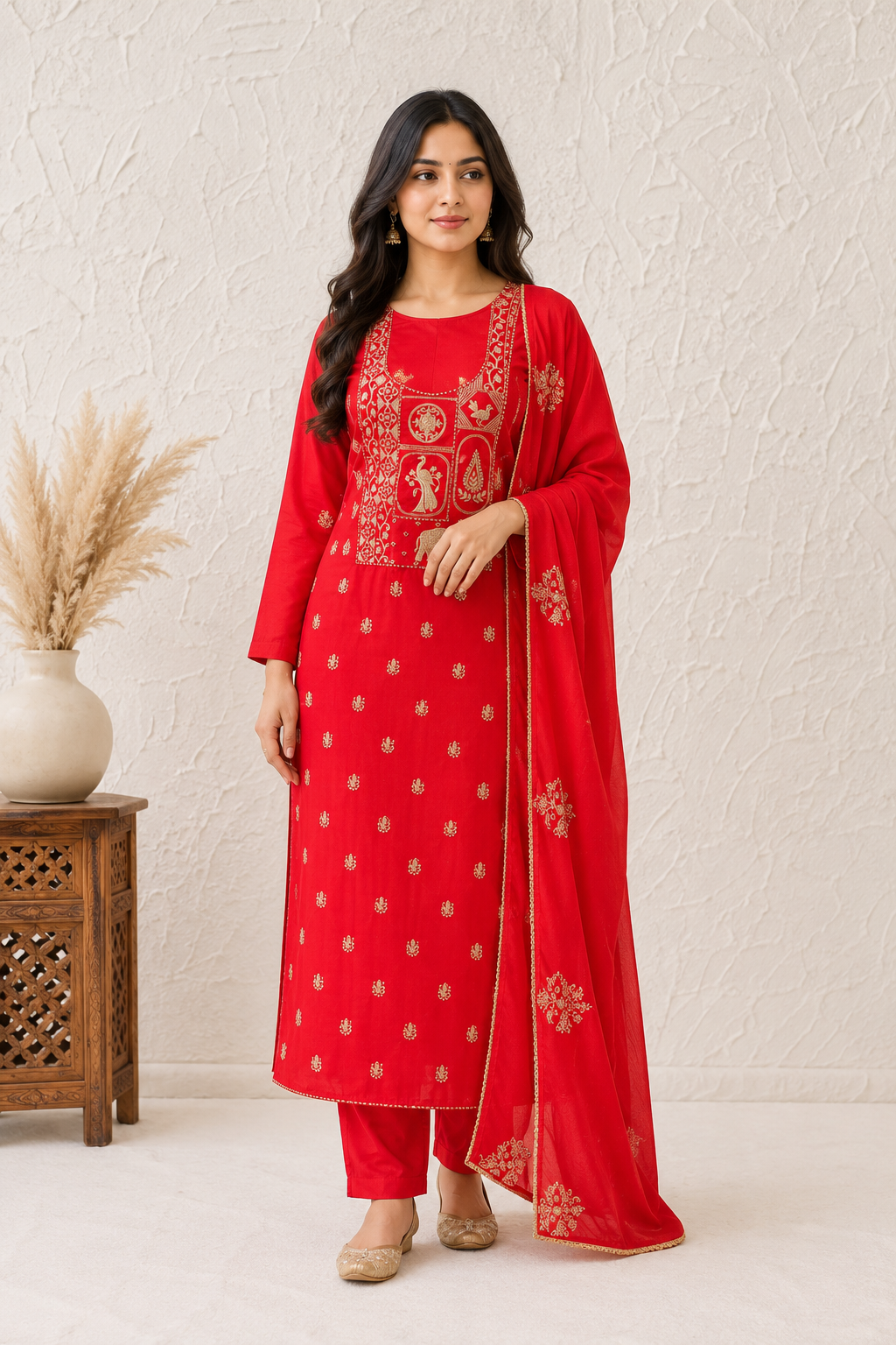Rangmahal Heritage Red Embroidered Unstiched Kurti Set