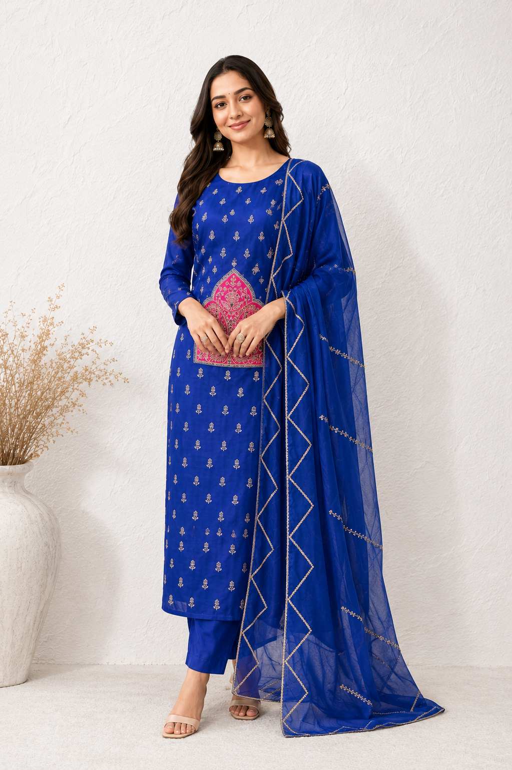 Royal Blue Hand-Embroidered Unstiched Kurti Set with Embellished Dupatta