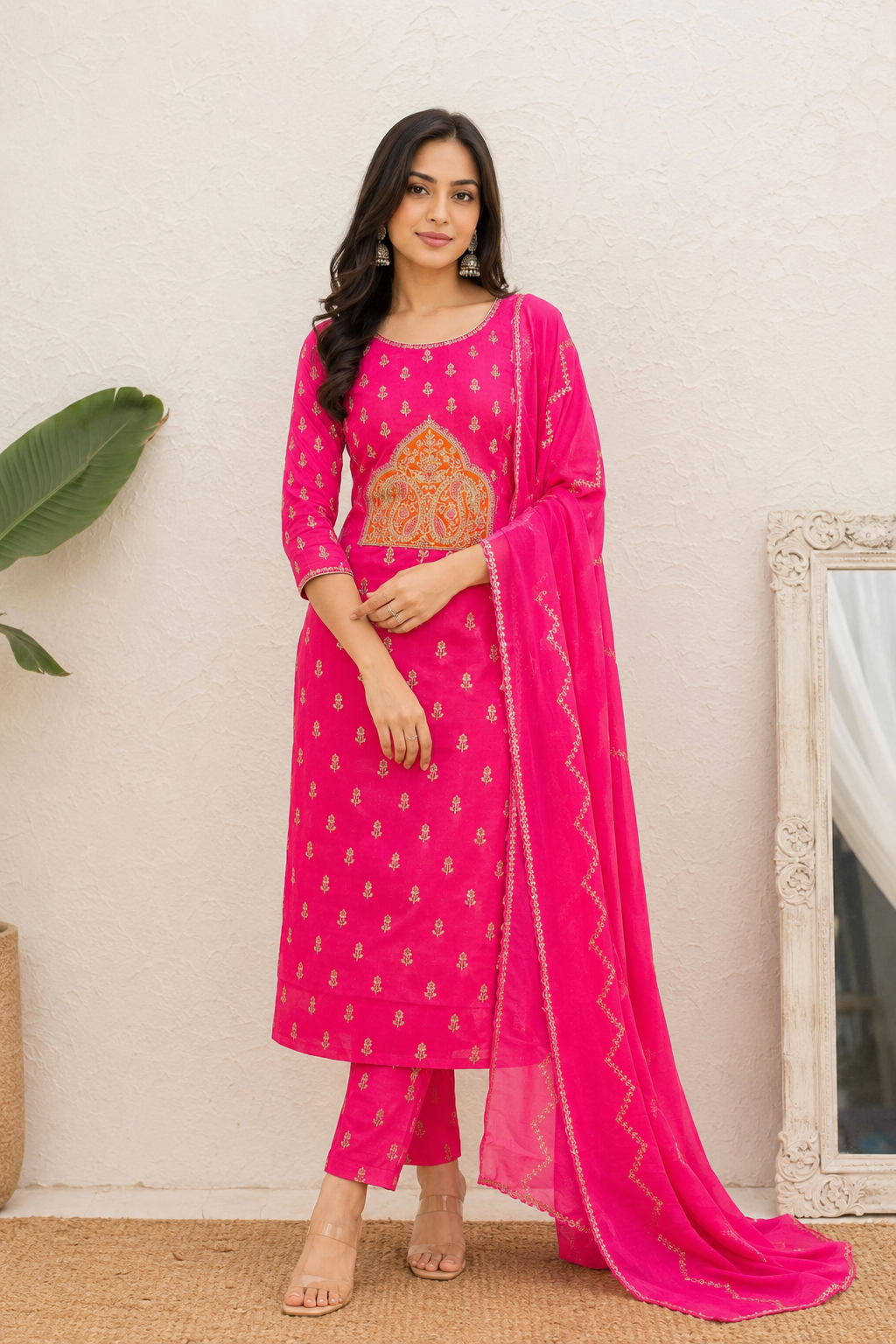 Rani Pink Heritage Embroidered Unstiched Kurti Set with Dupatta