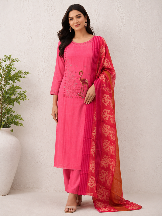 Flamingo Bloom Pink Embroidered Unstitched Suit Set