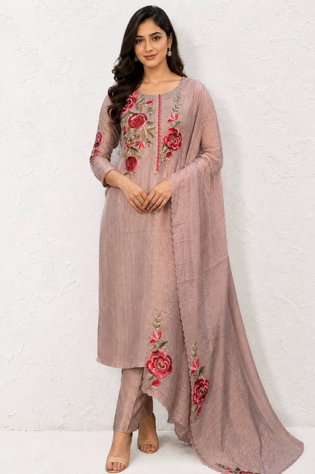 Blush Bloom Embroidered Unstiched Kurta Set with Floral Dupatta