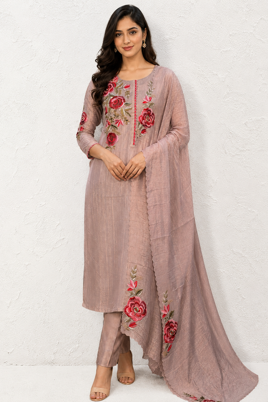Blush Bloom Embroidered Unstiched Kurta Set with Floral Dupatta