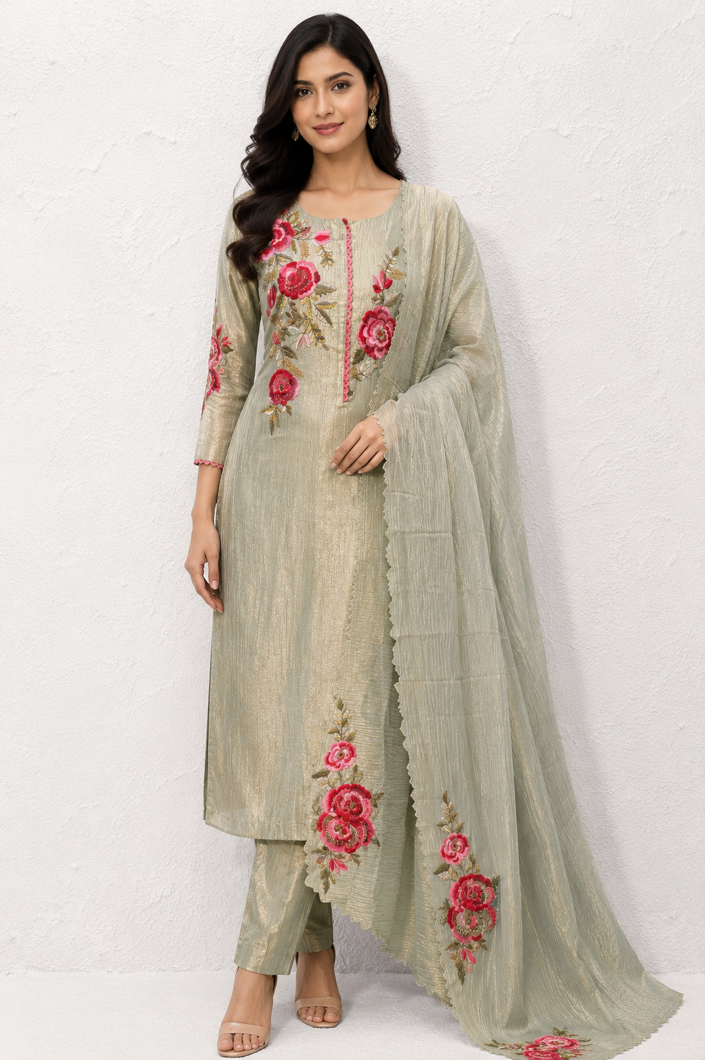 Sage Blossom Embroidered Unstiched Kurta Set with Floral Dupatta