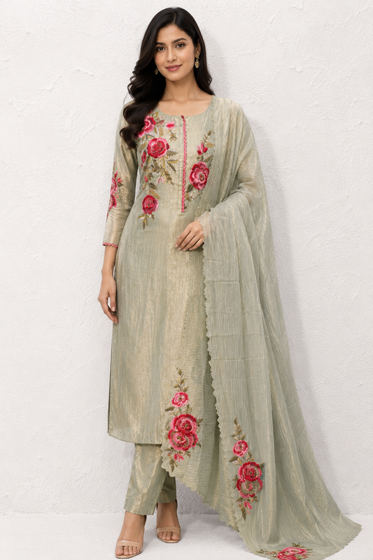 Sage Blossom Embroidered Unstiched Kurta Set with Floral Dupatta