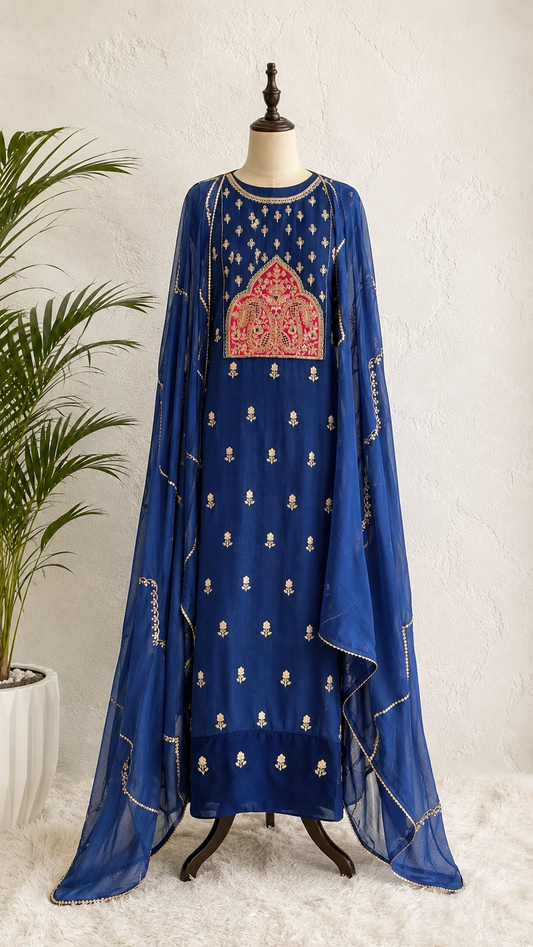 Royal Blue Hand-Embroidered Unstiched Kurti Set with Embellished Dupatta