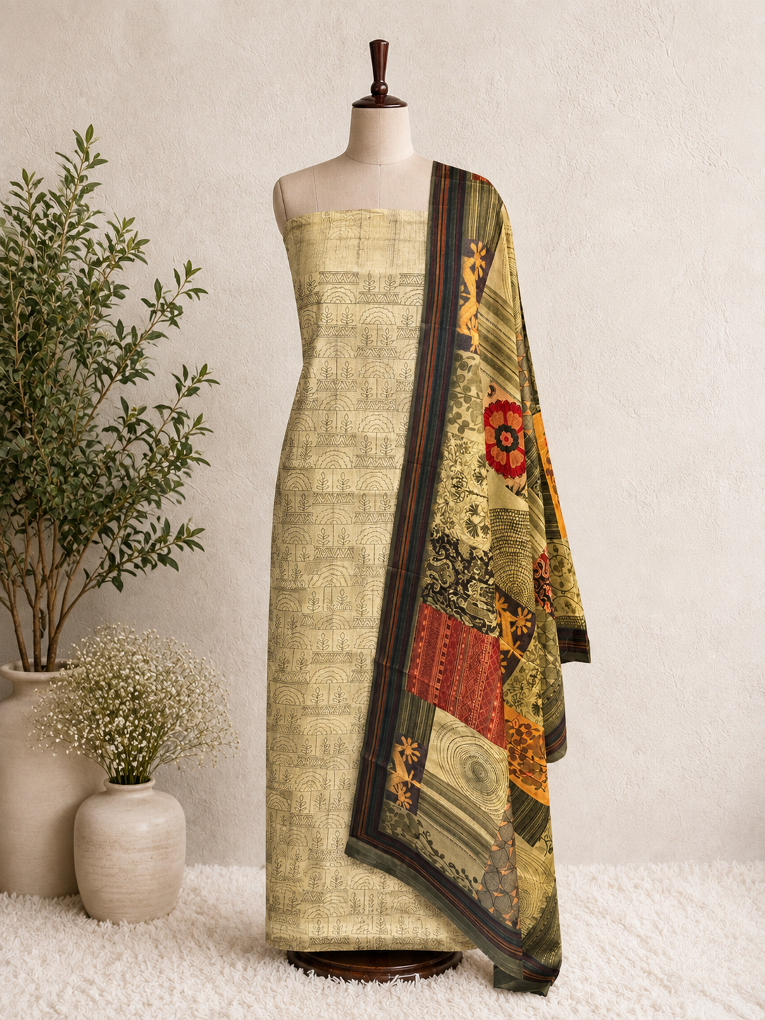 Olive Meadow Printed Unstiched Kurti Set with Artistic Patchwork Dupatta