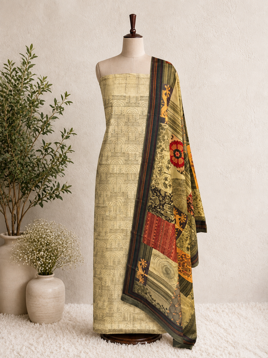 Olive Meadow Printed Unstiched Kurti Set with Artistic Patchwork Dupatta