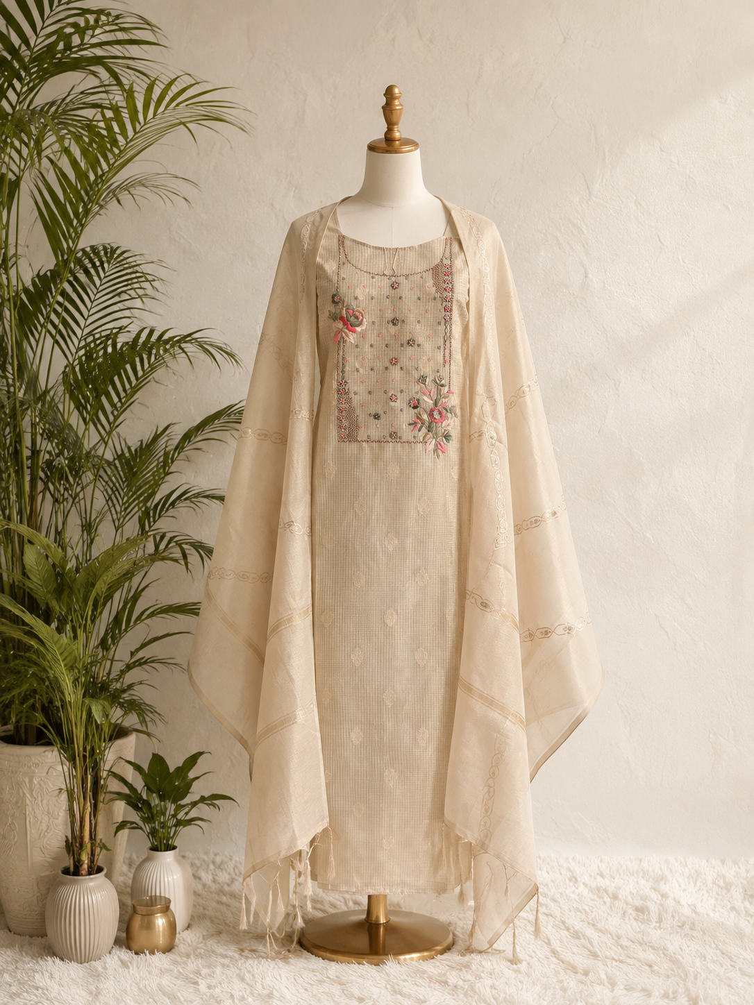 Ivory Bloom Embroidered Silk  Unstiched Kurta Set