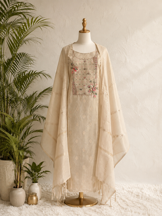 Ivory Bloom Embroidered Silk  Unstiched Kurta Set