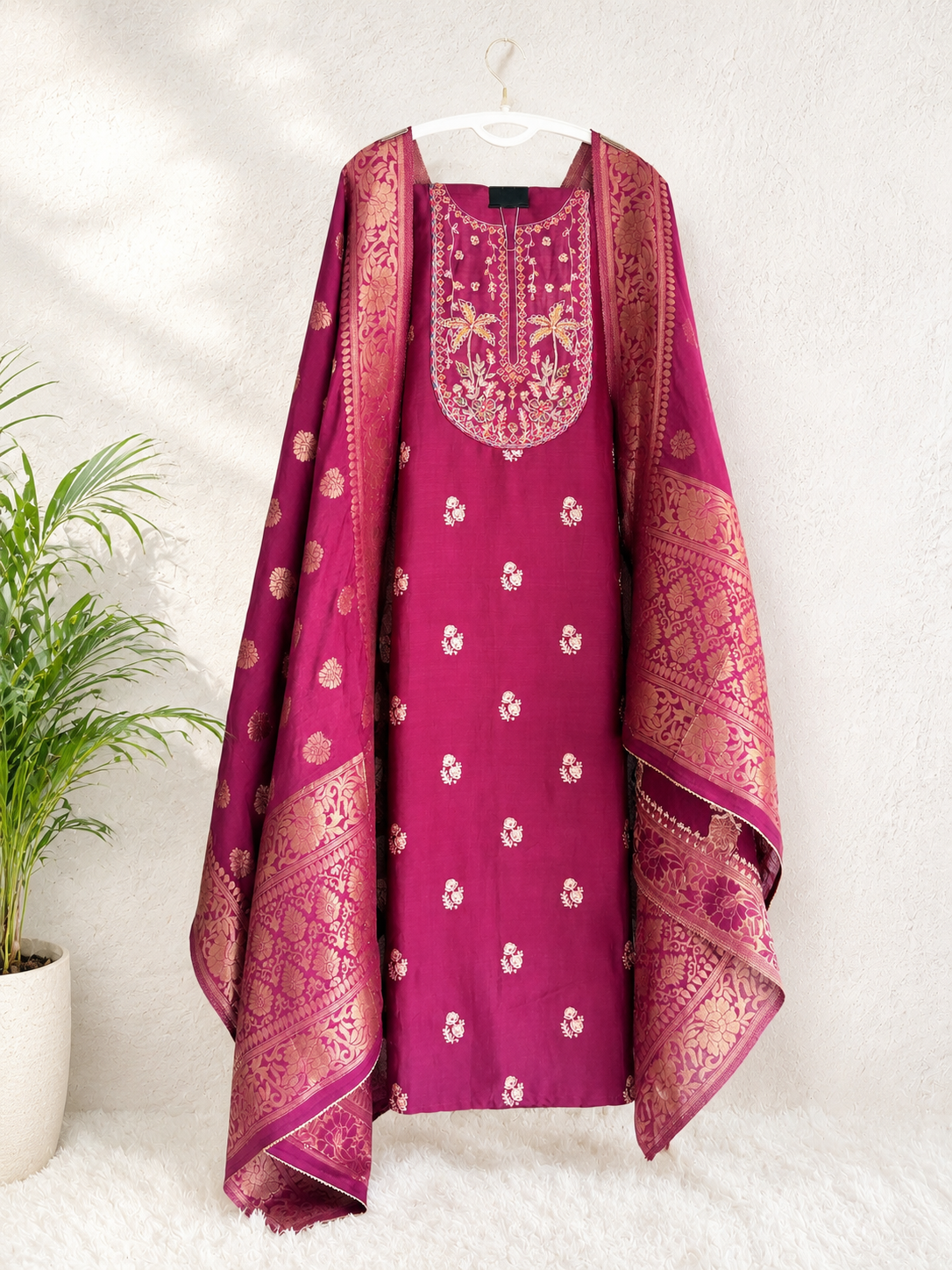 Royal Magenta Embroidered Banarasi Silk Unstiched Suit Set