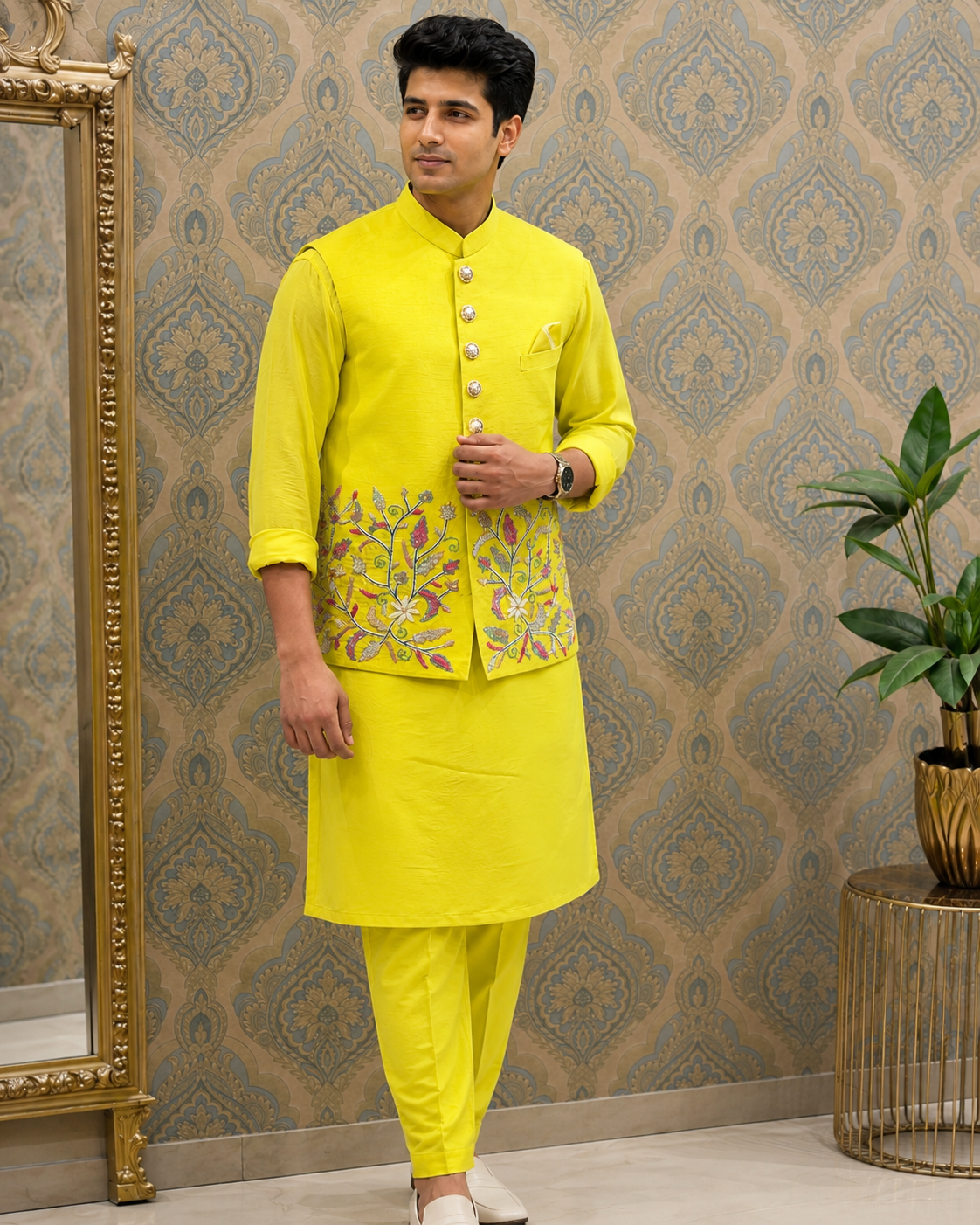 Lime Zest Embroidered Silk Kurta Set with Floral Nehru Jacket
