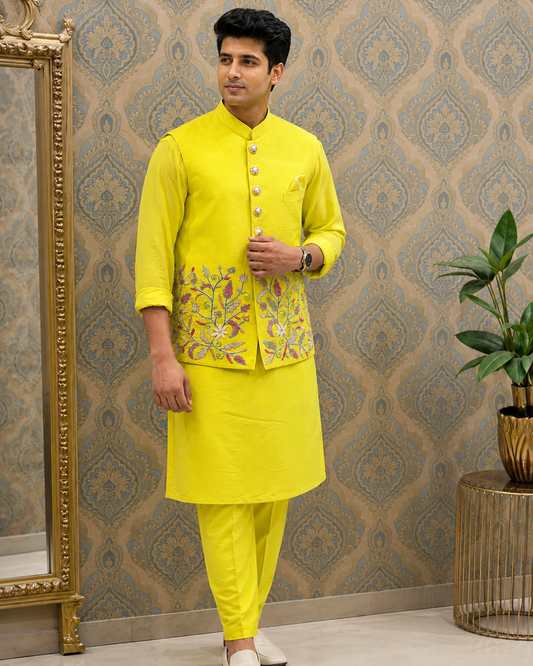 Lime Zest Embroidered Silk Kurta Set with Floral Nehru Jacket