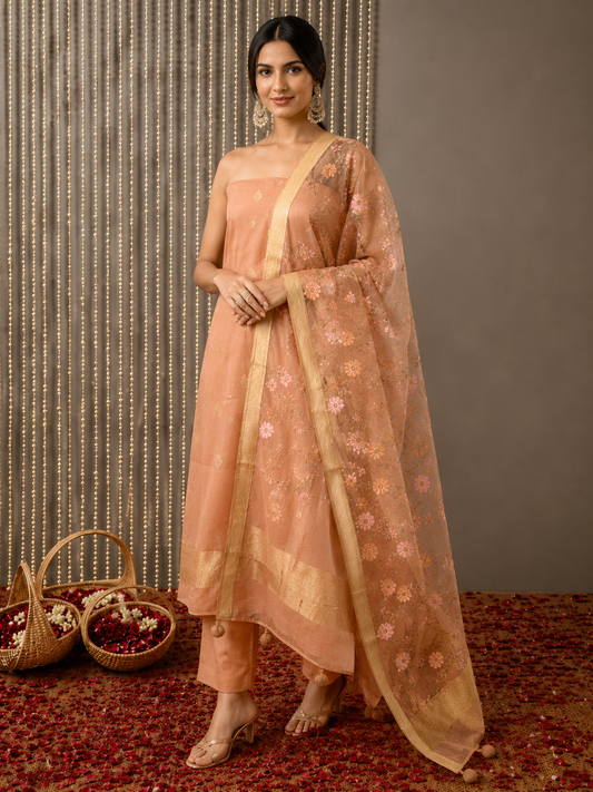 Banarsi silk Unstitched Suit Set with Floral Embroidered Dupatta