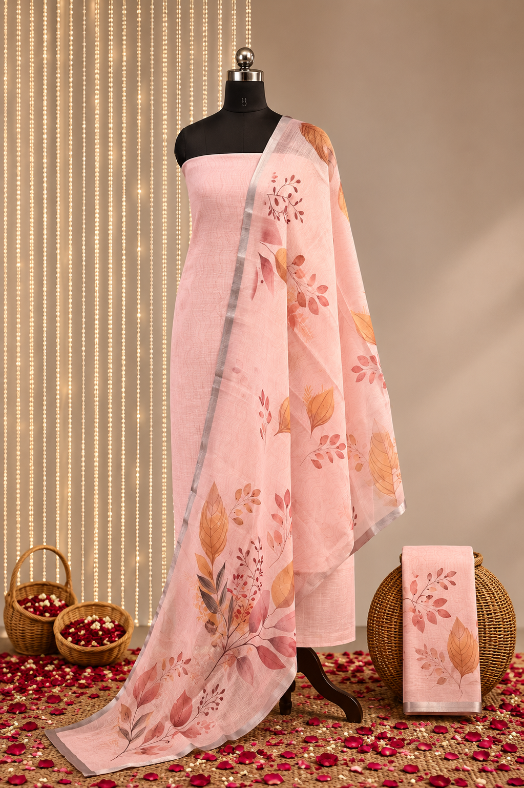 Linen cotton pink Unstitched Suit Set