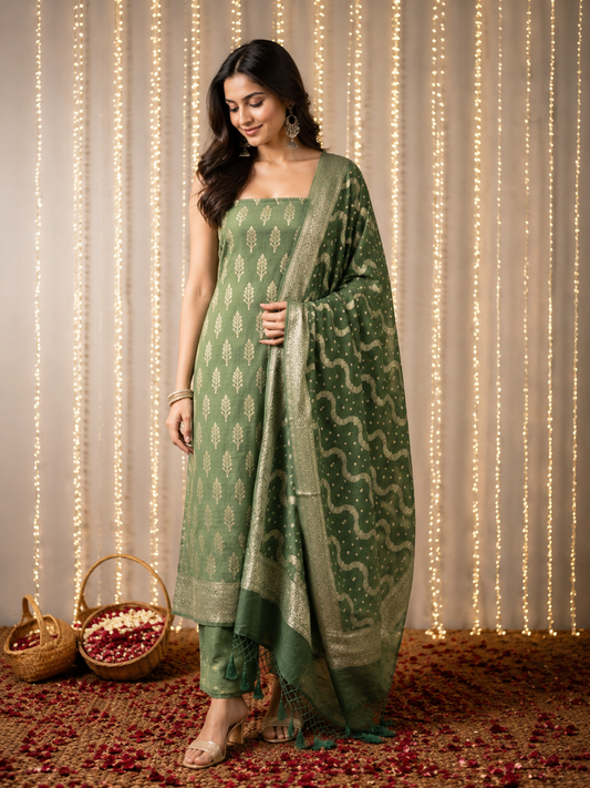 Premium Banarasi Unstiched Kurti Set – Sage Green
